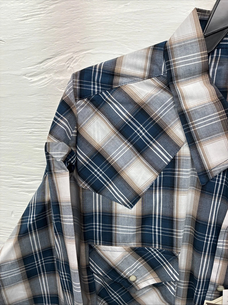 New Men’s ELY Cattleman Blue Tan Flannel Short Sleeve Pearl Snap 4XL E-68