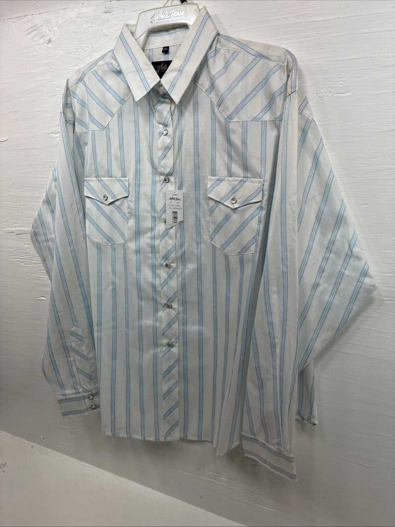 New Men’s White Horse White Blue Stripe Long Sleeve Button Up 2XL H-73