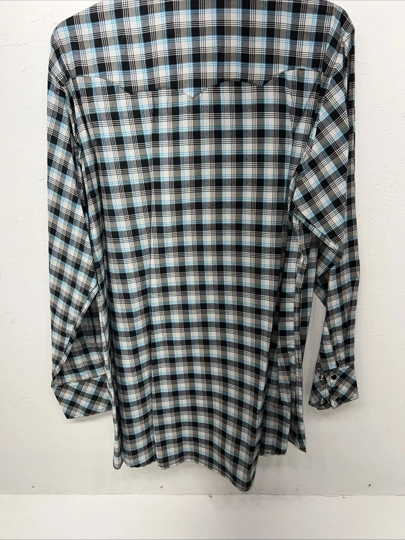 New Men’s Blue Black Plaid White House Long Sleeve Pearl Snap Shirt. Large P-46