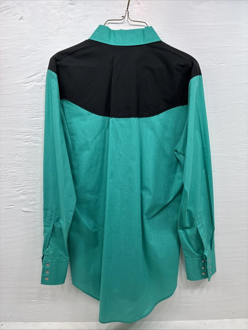 New Men’s ELY Diamond Teal Black Embroidered Long Sleeve Pearl Snap Medium K-32