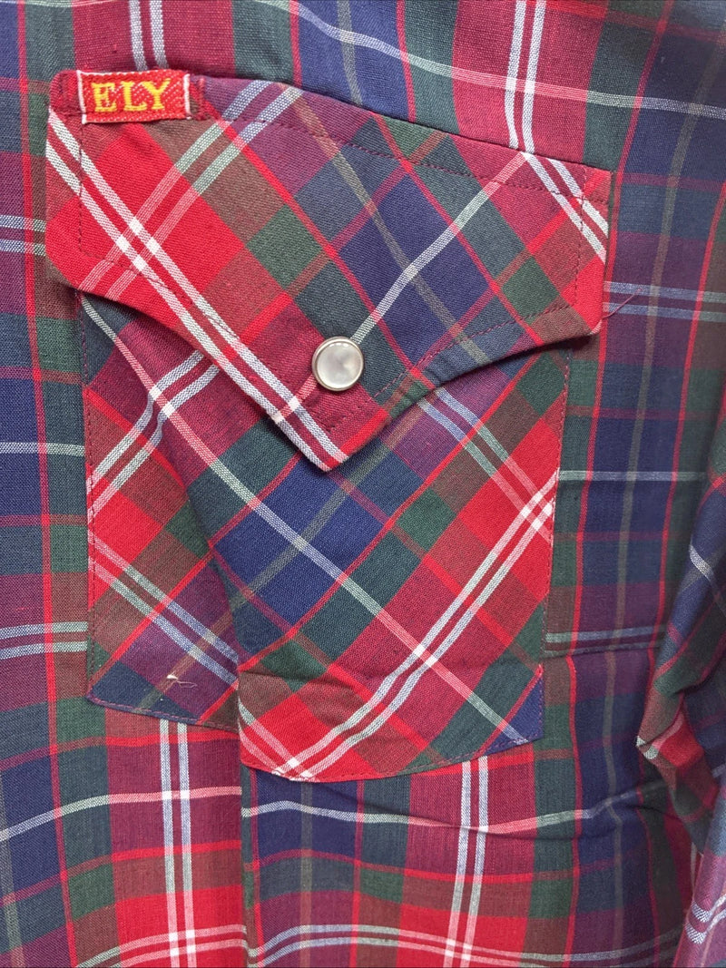 New Men’s ELY Plains Red Blue Plaid Long Sleeve Pearl Snap 17 XL T-87
