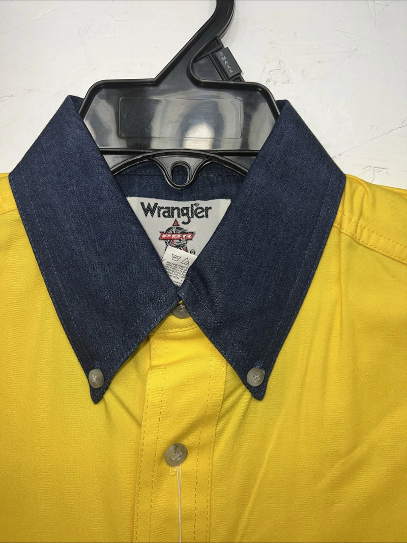 New Men’s Wrangler PBR Denim Collar Yellow Long Sleeve Button Up Small A-202