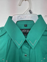 New Women’s White Horse Green Gem Long Sleeve Pearl Snap Large II-74