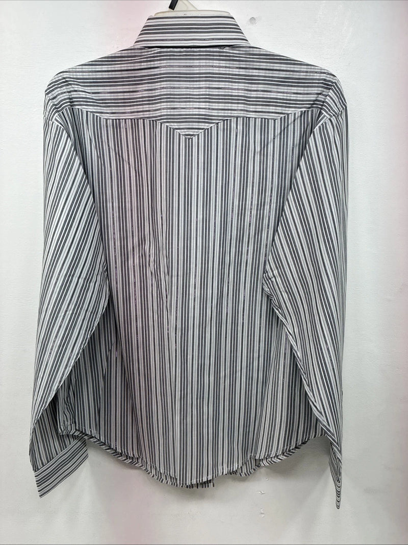 New Women’s White Horse Black Gray Stripe Long Sleeve Pearl Snap Large II-12