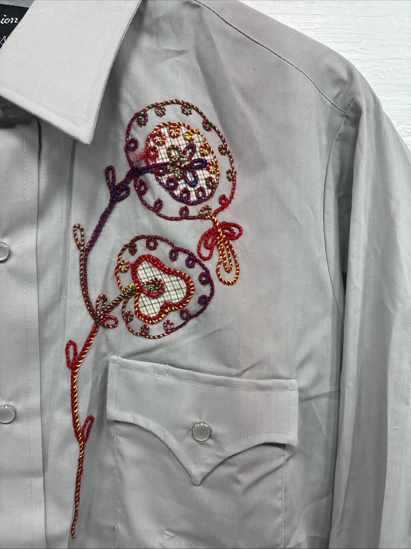 New Men’s Champion Westerns Gray Embroidered Long Sleeve Pearl Snap Large Q-101