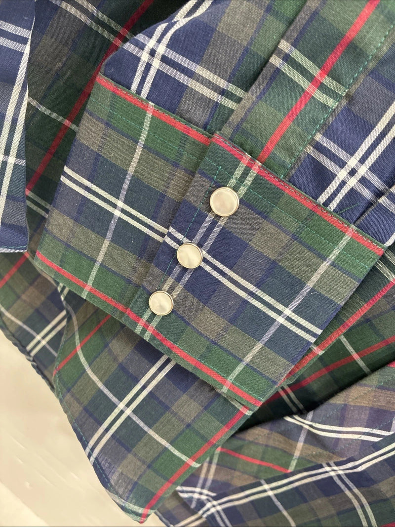 New Men’s ELY Plains Green Blue Plaid Long Sleeve Pearl Snap 16.5 Large  AA-12