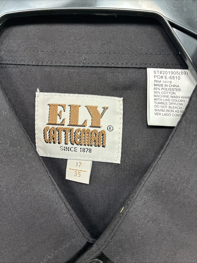 New Men’s ELY Cattleman Black Simple Long Sleeve Pearl Snap 17 XL O-44