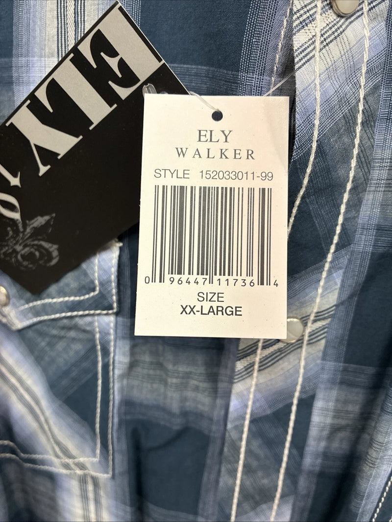 New Men’s ELY 1878 Blue Flannel Long Sleeve Pearl Snap 2XL H-56