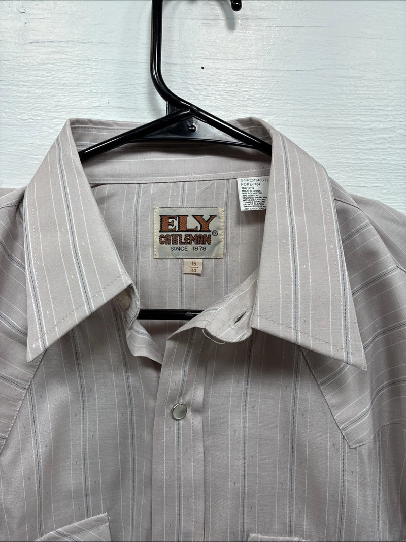 New Men’s ELY Cattleman Off White Long Sleeve Pearl Snap 15 X 34 Medium E-46