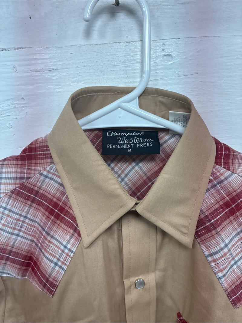 New Kids Champion Western Tab Pink Plaid Long Sleeve Pearl Snap Size 14 CC-114