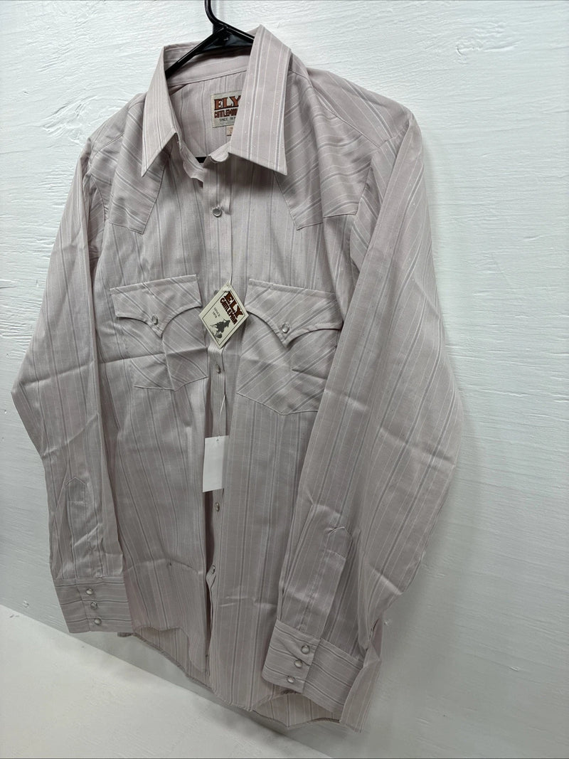 New Men’s ELY Cattleman Off White Long Sleeve Pearl Snap 15 X 34 Medium E-46