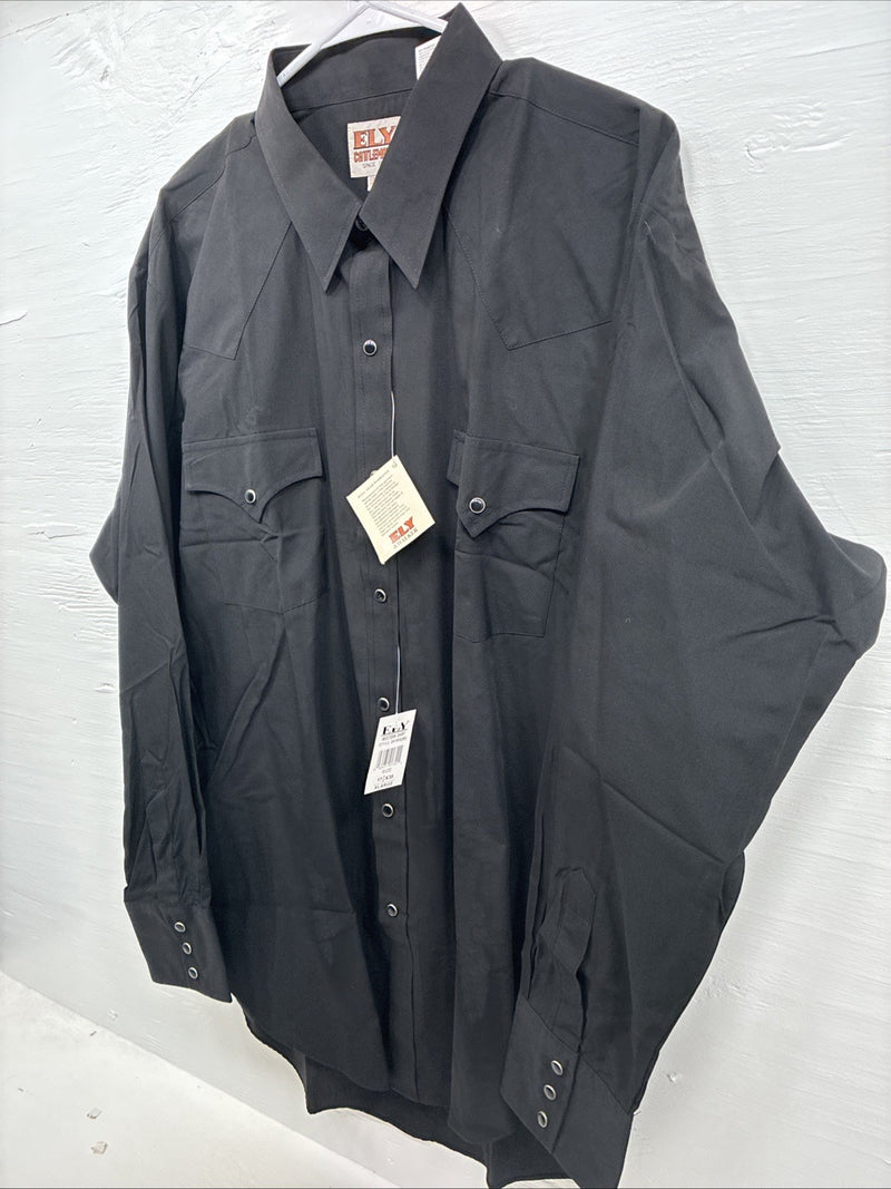 New Men’s ELY Cattleman Black Simple Long Sleeve Pearl Snap XL J-86