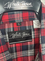 New Men’s White Horse Red Gray Plaid Long Sleeve Pearl Snap Large V-97