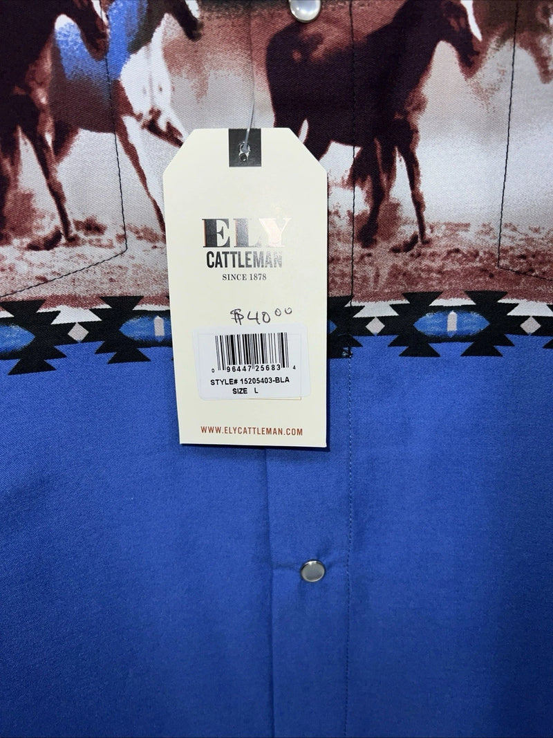 New Men’s Black Blue Horse ELY Cattleman Short Sleeve Pearl Snap Shirt. L P-71