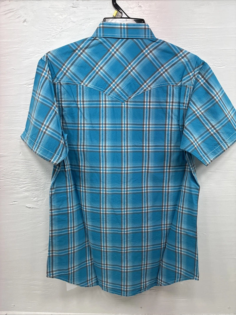 New Men’s ELY 1878 Blue Plaid Short Sleeve Pearl Snap Large X-32