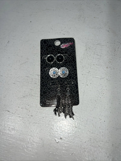 New Women’s Blazin Roxx Set Of 3 Earrings. Black Turquoise Silver. 30686 A-86