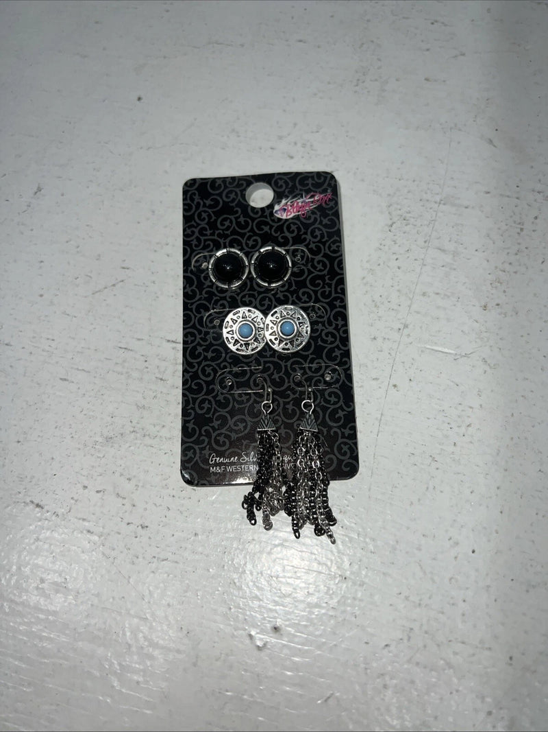 New Women’s Blazin Roxx Set Of 3 Earrings. Black Turquoise Silver. 30686 A-86