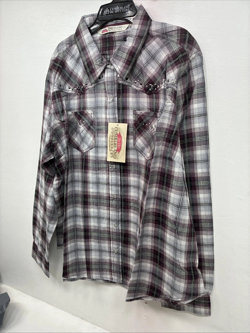 New Women’s Cumberland Purple Plaid Long Sleeve Pearl Snap 2XL GG-32