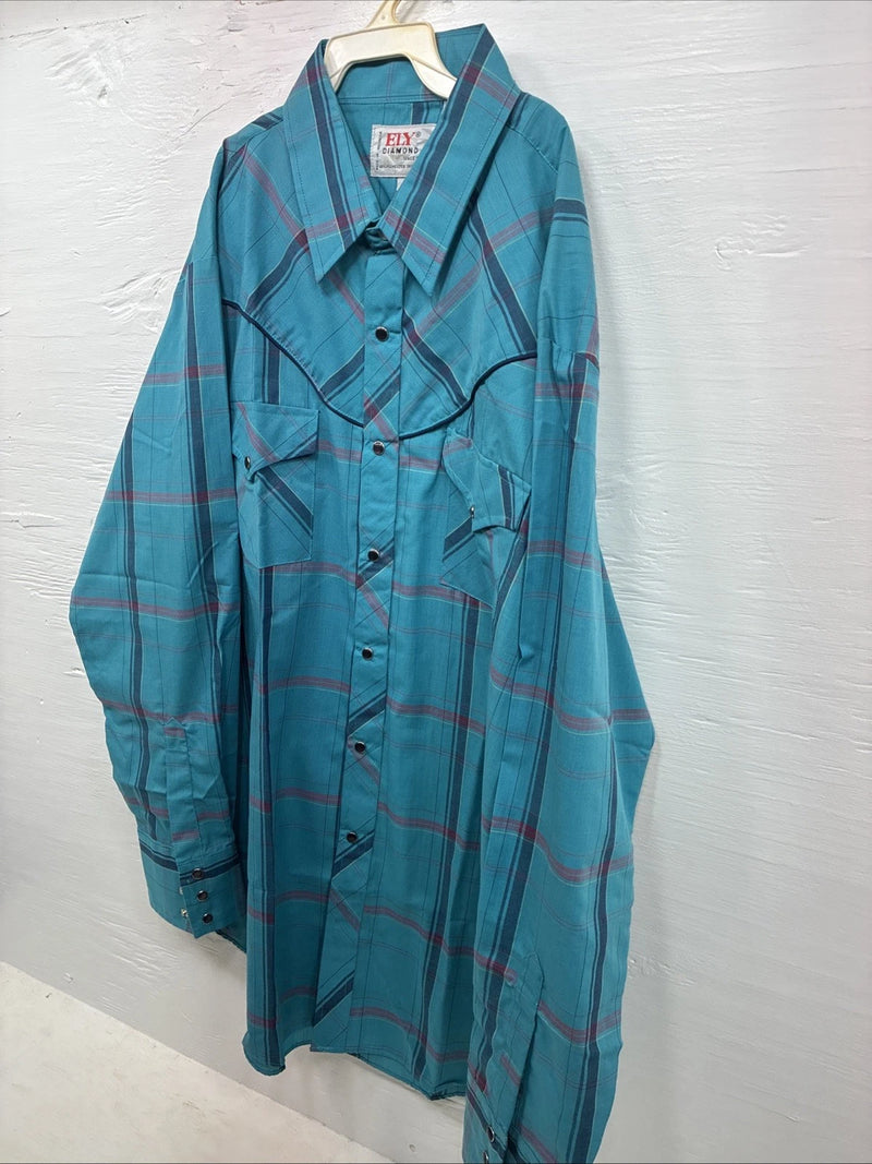 New Men’s ELY Diamond Blue Plaid Long Sleeve Pearl Snap Large CC-40