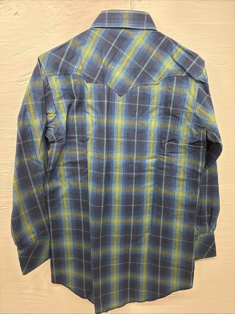 New Men’s Champion Westerns Blue Green Plaid Long Sleeve Pearl Snap Small R-22