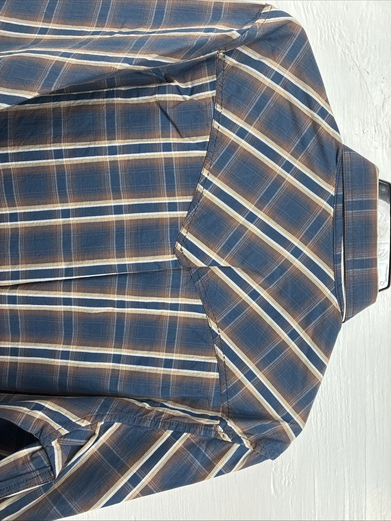 New Men’s ELY 1878 Blue Brown Plaid Long Sleeve Pearl Snap XL T-35
