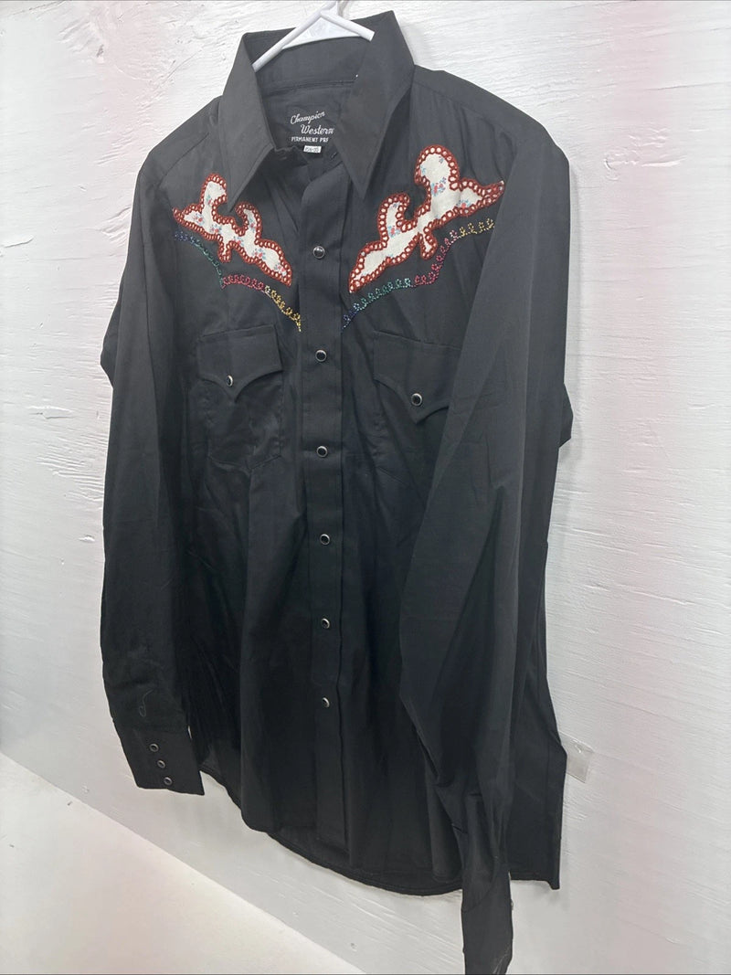 New Men’s Champion Western Black Design Long Sleeve Pearl Snap 15.5 Medium T-89