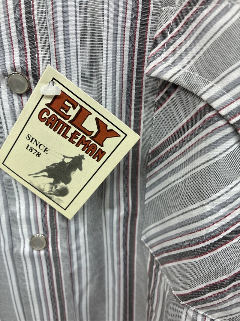 New Men’s ELY Cattleman Gray Stripe Long Sleeve Pearl Snap 18.5 X 35 2XL F-75