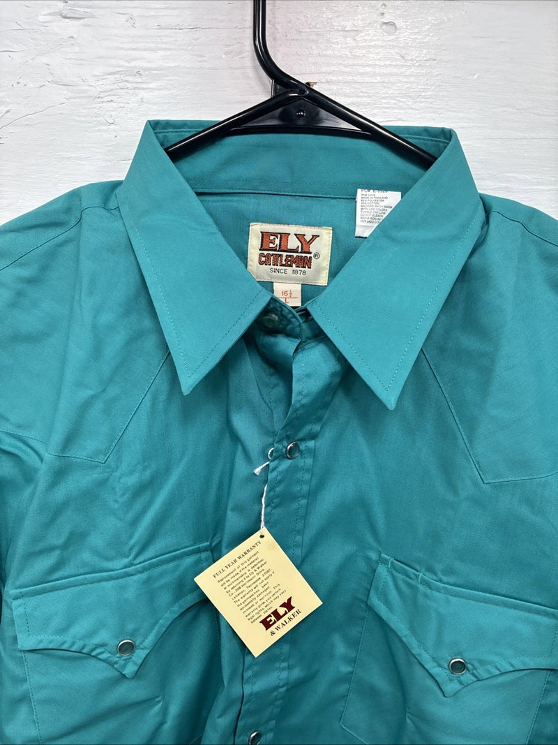 New Men’s ELY Cattleman Teal Short Sleeve Pearl Snap 16.5 Large M-42