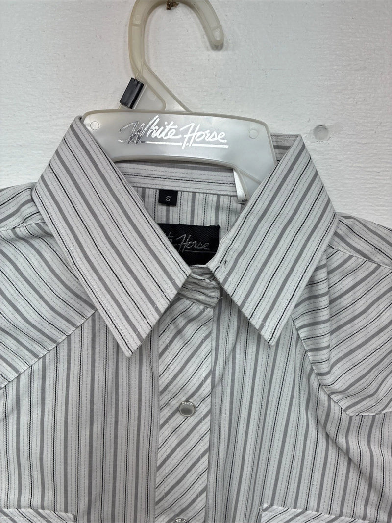 New Women’s White Horse Gray Stripe Long Sleeve Pearl Snap Small DD-117