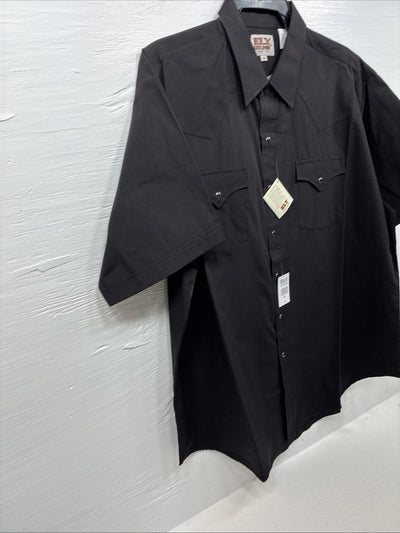New Men’s ELY Cattleman Simple Black Short Sleeve Pearl Snap 18 2XL K-68