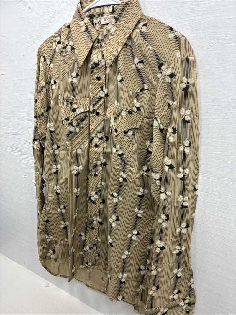 New Men’s ELY Plains Tan Black Floral Long Sleeve Pearl Snap 16 X 36 Large X-64