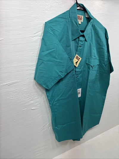 New Men’s ELY Cattleman Teal Short Sleeve Pearl Snap Shirt 17 XL X-107