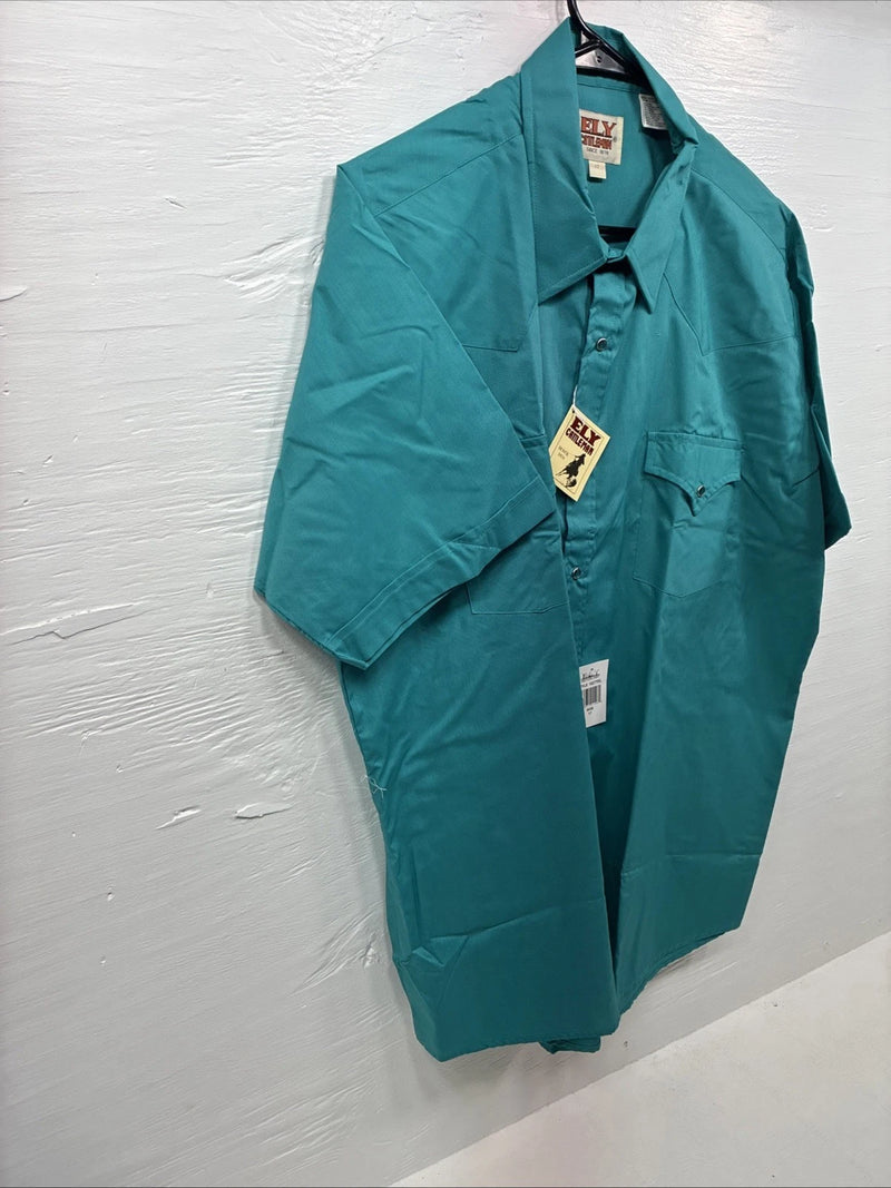 New Men’s ELY Cattleman Teal Short Sleeve Pearl Snap Shirt 17 XL X-107