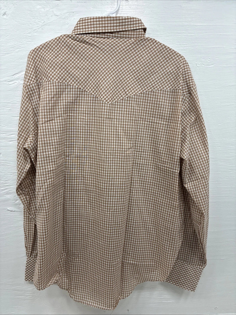 New Men’s Circle S Brown White Checkered Long Sleeve Pearl Snap XL R-14