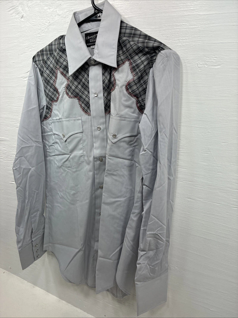 New Men’s Champion Western Gray Plaid Long Sleeve Pearl Snap 15 Medium AA-76