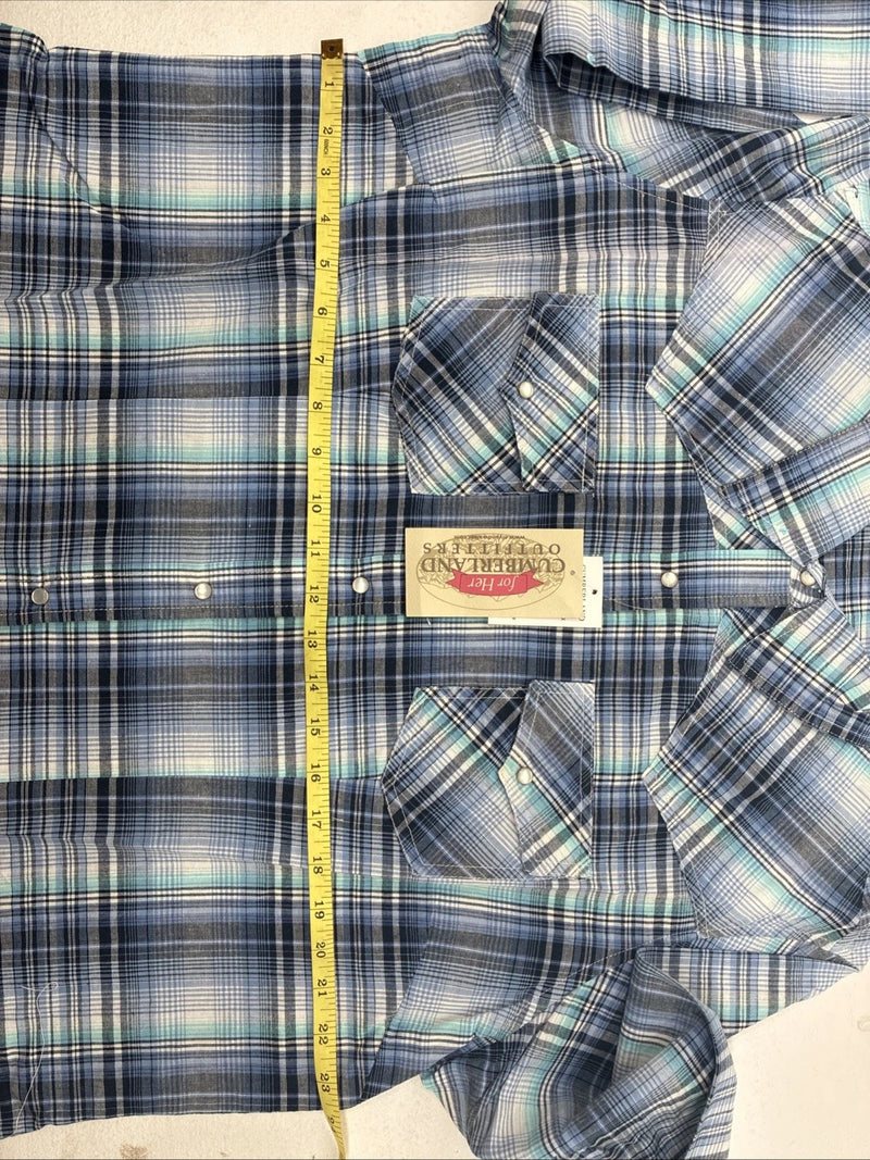 New Women’s Cumberland Blue Plaid Long Sleeve Pearl Snap 2XL GG-44