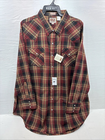 New Men’s ELY Cattleman Red Yellow Flannel Long Sleeve Pearl Snap 4XL E-97