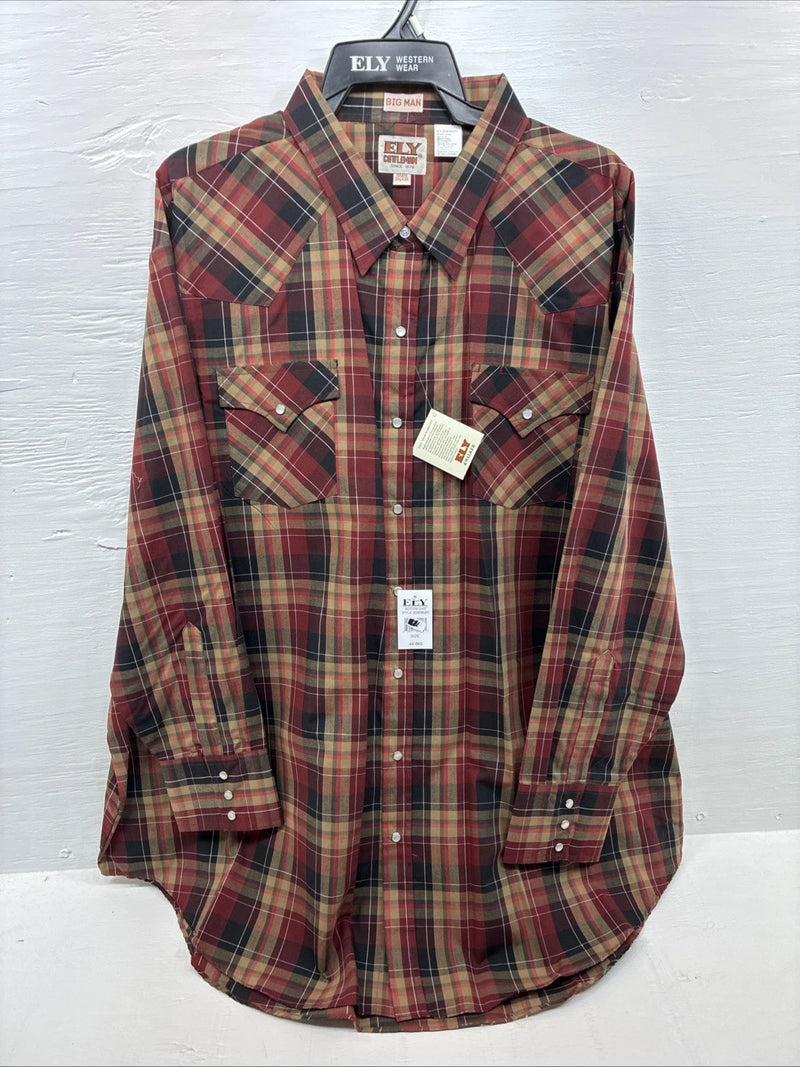 New Men’s ELY Cattleman Red Yellow Flannel Long Sleeve Pearl Snap 4XL E-97