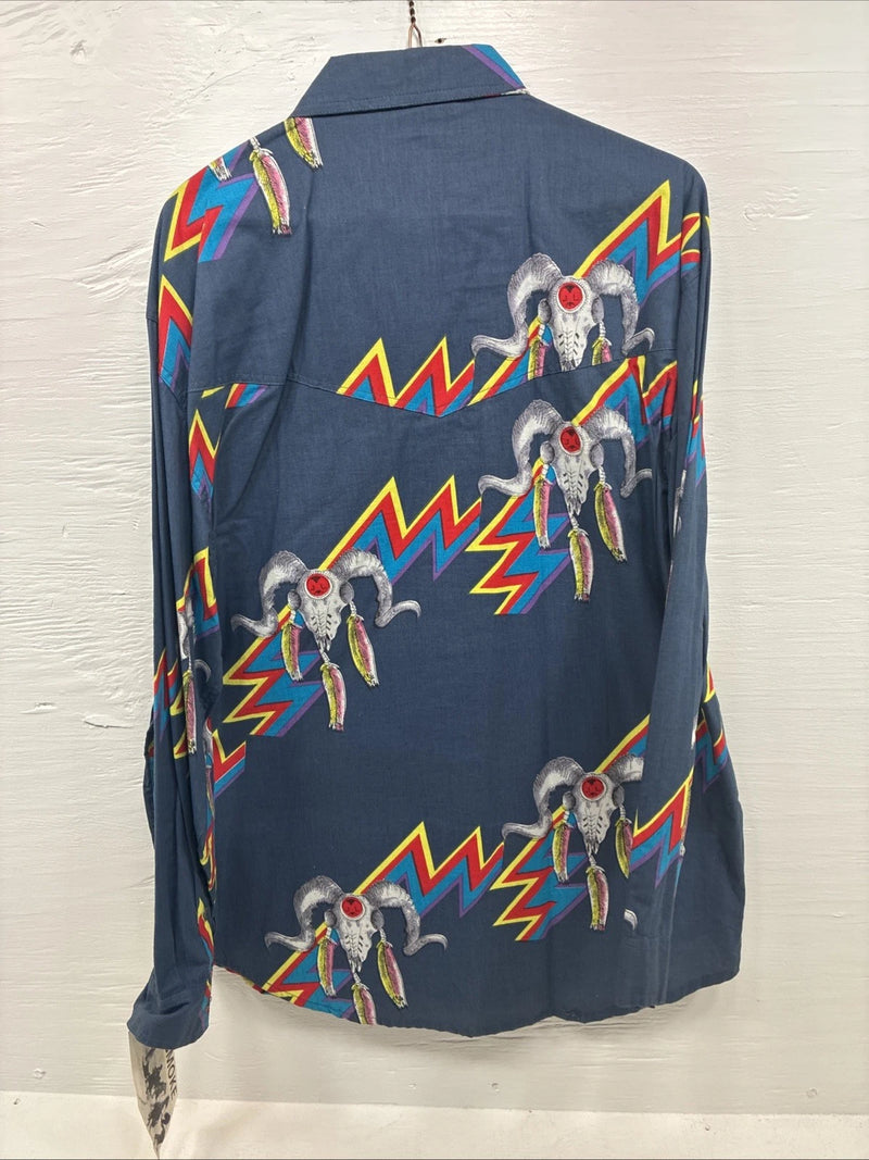 New Men’s GunSmoke Blue Western Design Long Sleeve Button Up Medium V-75