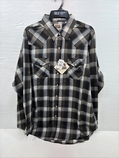 New Men’s ELY Cattleman Brown Flannel Long Sleeve Pearl Snap 2XL F-92