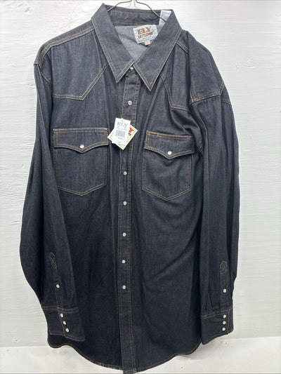 New Men’s ELY Cattleman Dark Jean Design Long Sleeve Pearl Snap Shirt 2XL H-21