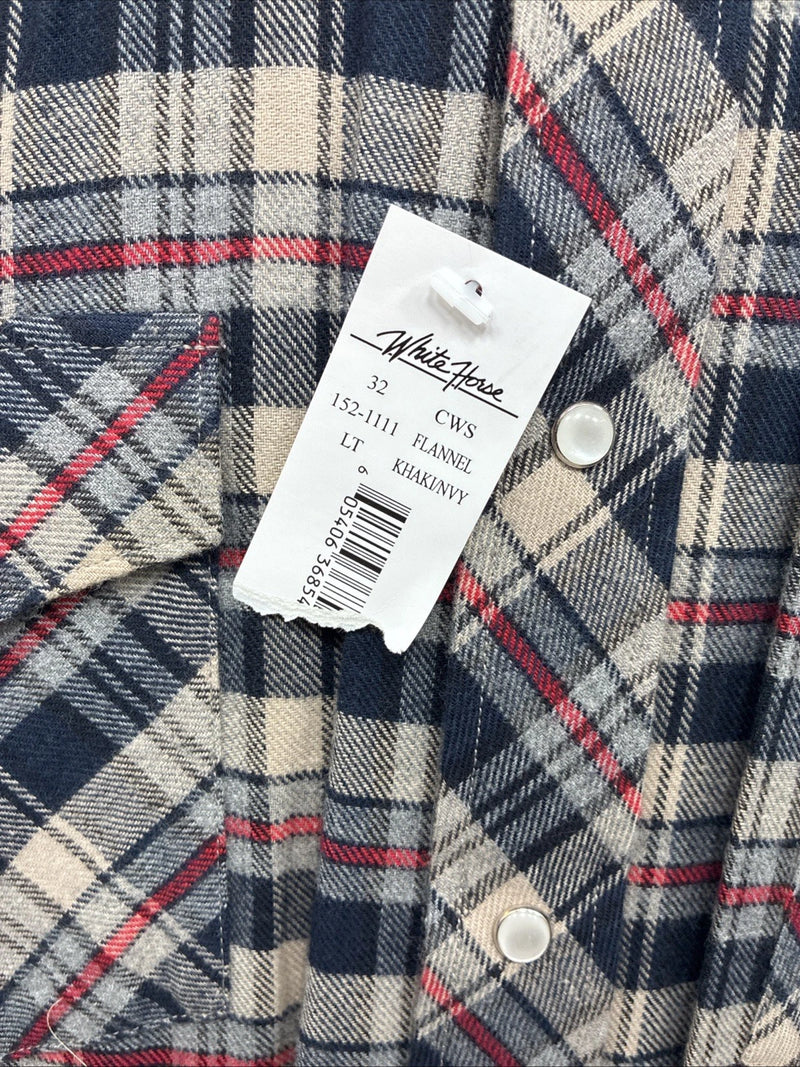 New Men’s White Horse Brown Blue Plaid Long Sleeve Pearl Snap Large Tall X-74