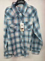 New Women’s Cumberland Blue Plaid Long Sleeve Pearl Snap Large GG-78