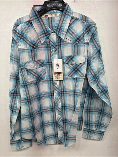 New Women’s Cumberland Blue Plaid Long Sleeve Pearl Snap Large GG-78