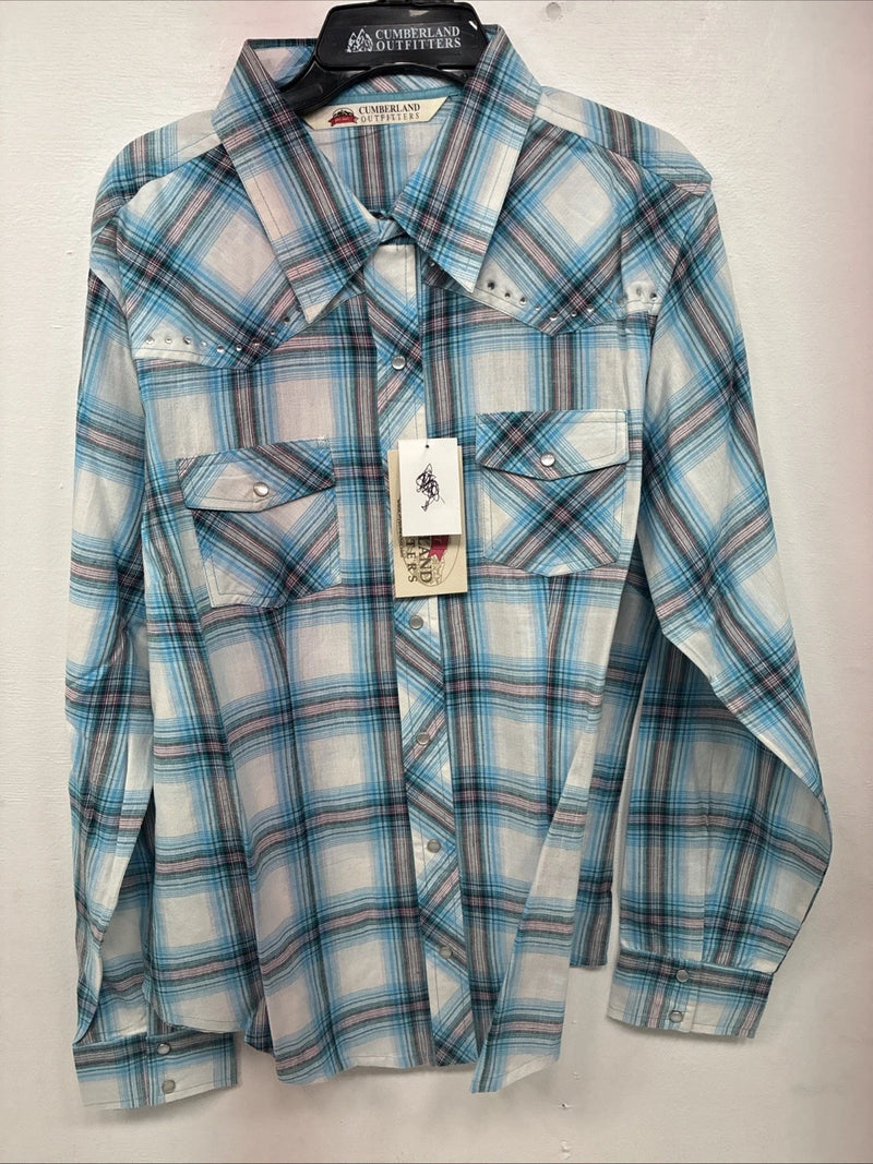New Women’s Cumberland Blue Plaid Long Sleeve Pearl Snap Large GG-78