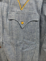 New Men’s Blue Jean Yellow Design Long Sleeve Pearl Snap 16.5 X 34 Large V-95