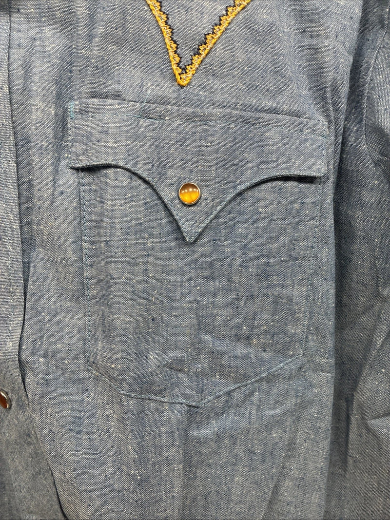 New Men’s Blue Jean Yellow Design Long Sleeve Pearl Snap 16.5 X 34 Large V-95