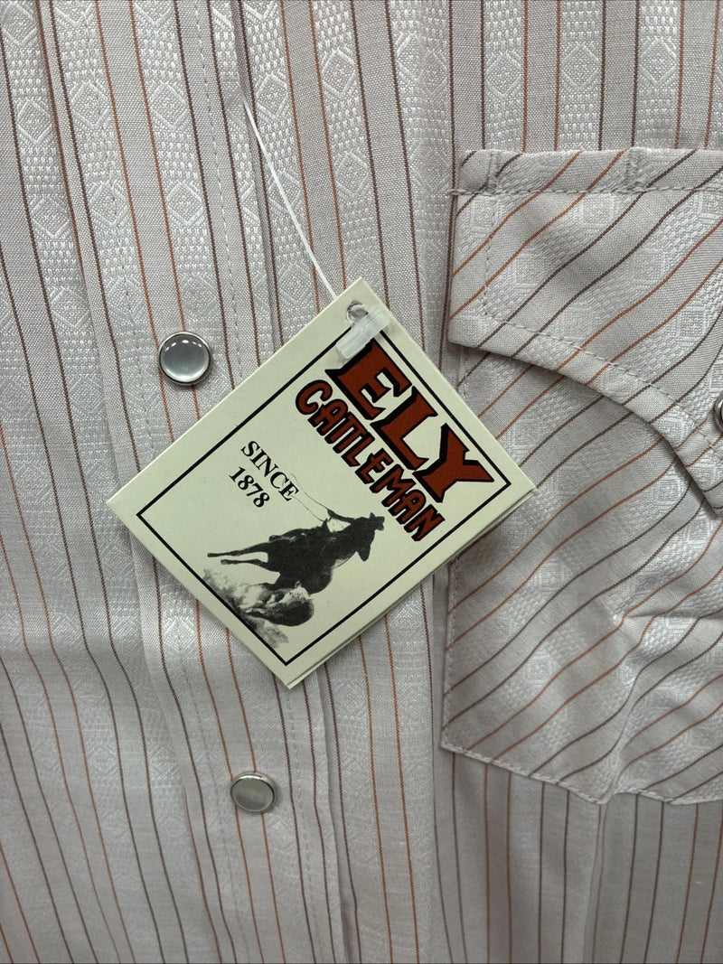 New Men’s ELY Cattleman Pink Stripe Long Sleeve Pearl Snap 17.5 X 34 XL T-31