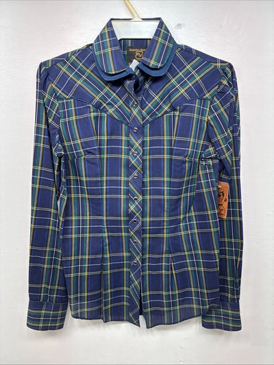 New Women’s Dickson Jenkins Blue Plaid Long Sleeve Pearl Snap Size 34 LL-85