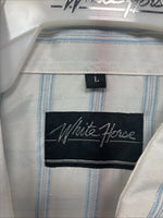 New Womens White Horse White Blue Stripe Long Sleeve Pearl Snap Large V-69